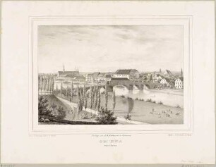 Grimma südöstlich von Leipzig mit der Pöppelmannsbrücke, der Augustinerkirche und dem Schloss, Blick über die Mulde aus nordöstlicher Richtung