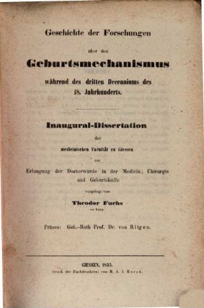 Geschichte der Forschungen über den Geburtsmechanismus während des dritten Decenniums des 18. Jahrhunderts : Inaug.-Diss.