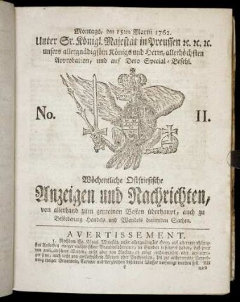No. 11. Montags, den 15ten Martii 1762.