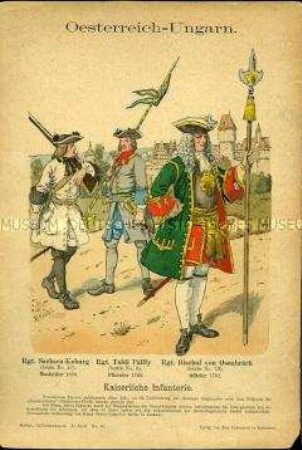 Uniformdarstellung, Musketier, Pikenier und Offizier der Infanterie, Kaiserreich Österreich-Ungarn, 1690/1701.