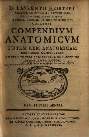 Compendium anatomicum Lavrentii Heisteri Compendivm anatomicvm : totam rem anatomicam brevissime complectens