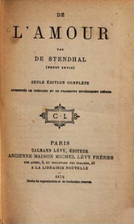 De l'Amour par de Stendhal (Henry Beyle) : Nouvelle Collection Michel Lévy