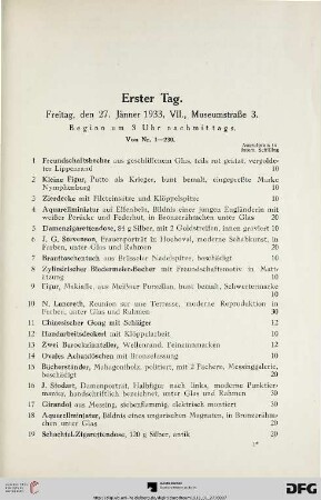 Erster Tag: Freitag, den 27. Jänner 1933, VII., Museumstraße 3, Beginn um 3 Uhr nachmittags (Nr. 1-230)