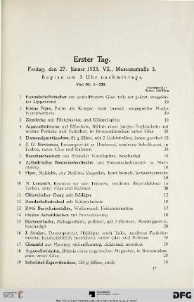 Erster Tag: Freitag, den 27. Jänner 1933, VII., Museumstraße 3, Beginn um 3 Uhr nachmittags (Nr. 1-230)