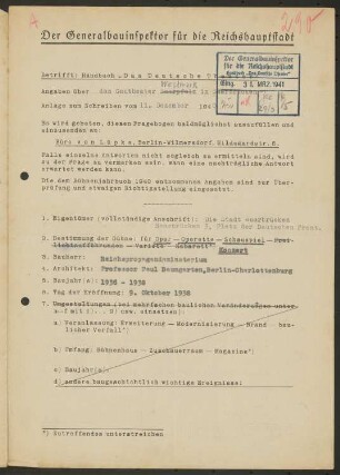 Gautheater Westmark (auch: Grenzlandtheater Saarpfalz, Saarländisches Staatstheater), Saarbrücken: Fragebogen für das Handbuch »Das Deutsche Theater«, vierseitiges Dokument