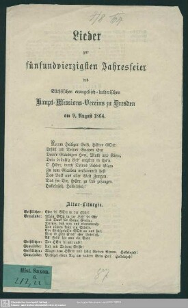 Lieder zur 45. Jahresfeier des Sächsischen evangelisch-lutherischen Haupt-Missions-Vereins zu Dresden : am 9. Aug. 1864