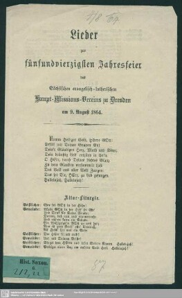 Lieder zur 45. Jahresfeier des Sächsischen evangelisch-lutherischen Haupt-Missions-Vereins zu Dresden : am 9. Aug. 1864