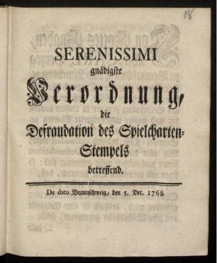 Serenissimi gnädigste Verordnung, die Defraudation des Spielcharten-Stempels betreffend