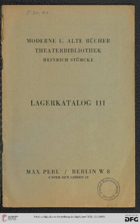 Nr. 111: Lagerkatalog: Moderne u. alte Bücher, Theaterbibliothek Heinrich Stümcke