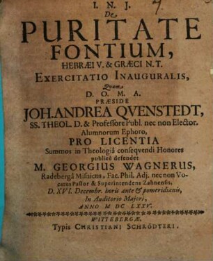 De puritate fontium Hebraei V. et Graeci N. T. exercitatio inauguralis