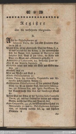 Register über die vorstehende Marginalia
