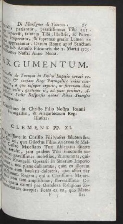 Argumentum. Cardinalis de Tounon in Sinico Imperio vexati rationes, ... Charissimo in Christo Filio Nostro ... Clemens PP. XI.