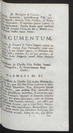 Argumentum. Cardinalis de Tounon in Sinico Imperio vexati rationes, ... Charissimo in Christo Filio Nostro ... Clemens PP. XI.