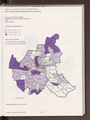 Veränderung der Stimmenanteile gegenüber der Bürgerschaftswahl 1987 für die CDU in den Stadtteilen