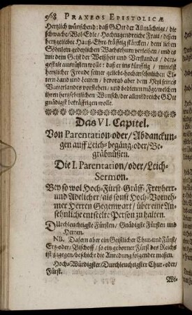 Das VI. Capitel. Von Parentation-oder/Abdanckungen auff Leich-begäng-oder/Begräbnützen.