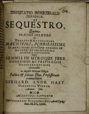 Disputatio Inauguralis Iuridica. De Sequestro