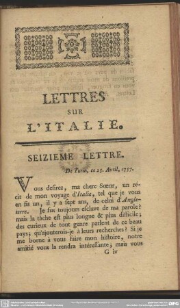 Lettres Sur L'Italie