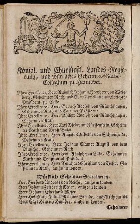 Königl. und Churfürstl. Landes-Regierung, und würkliches Gemeintes-Raths-Collegium zu Hannover. - Land-Commissarien in der Ober- und Nieder-Graffschaft Hoya.