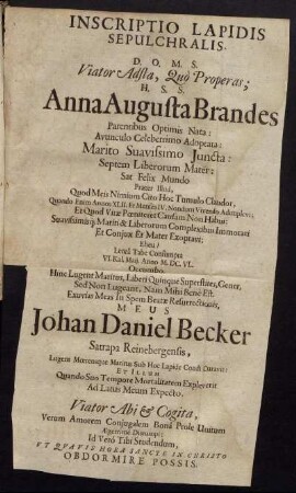 Inscriptio Lapidis Sepulchralis D.O.M.S. Viator Adsta, Quo Properas; H.S.S. Anna Augusta Brandes ...