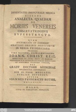 Dissertatio Inavgvralis Medica Sistens Analecta Qvaedam De Morbis Venereis Observationibvs Svperstrvcta