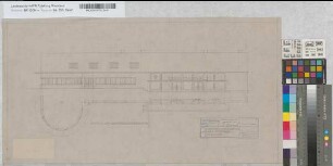 Wiederaufbau des Empfangsgebäudes [Bahnhof] Essen-Stadtwald, Vorschlag B: Ansicht vom Bahnhofsvorplatz [2 Exemplare], M. 1:100