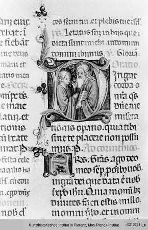 Missale Romanum : Textseite mit historisierter Initiale D: Zwei Heilige