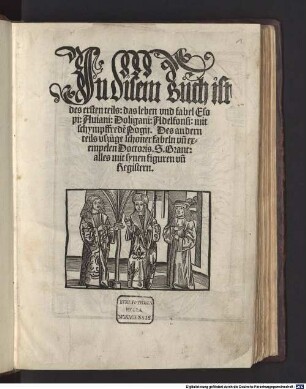 Jn disem Buch ist des ersten teils: das leben vnd fabel Esopi: Auiani: Doligani: Adelfonsi: mit schympffrede[n] Pogij : Des andern teils vszüge schoner fabeln vn[d] exempelen Doctoris. S. Brant: alles mit synen figuren vn[d] Registern
