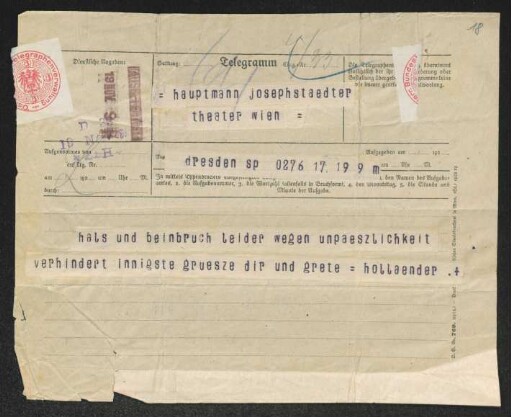 Brief von Felix Hollaender an Gerhart Hauptmann