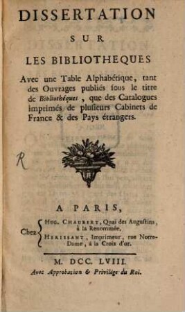 Dissertation sur les Bibliotheques