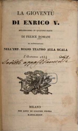 La gioventù di Enrico V. : Melodramma in 4 parti