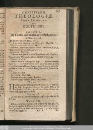 Christianae Theologiae Liber Secundus. De Cultu Dei.