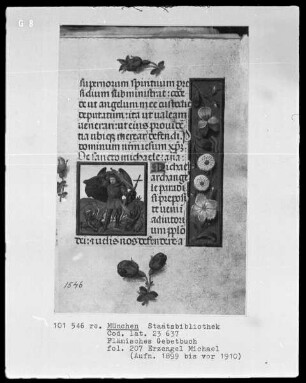 Flämisches Gebetbuch mit Kalender — Der Erzengel Michael kämpft mit dem Drachen, Folio 207recto