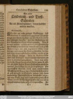 Ein ander Condolentz- und Trost-Schreiben An ein Frauenzimmer, deren Liebster untreu worden.