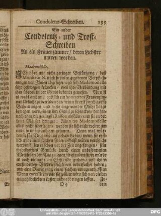 Ein ander Condolentz- und Trost-Schreiben An ein Frauenzimmer, deren Liebster untreu worden.