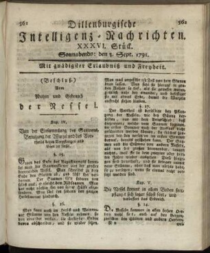 XXXVI. Stück. Sonnabends: den 3. Sept. 1791.