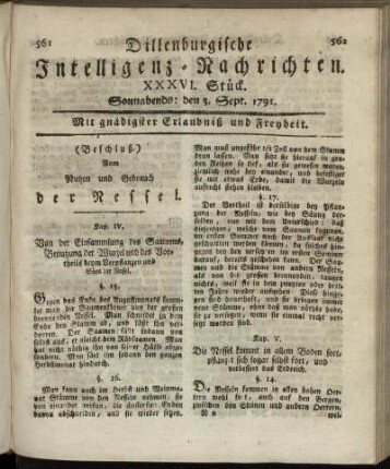 XXXVI. Stück. Sonnabends: den 3. Sept. 1791.