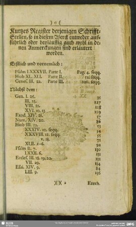 Kurtzes Register derjenigen Schrifft-Stellen, so in diesem Werck entweder ausführlich oder beyläufig auh wohl in denen Anmerckungen erläutert worden