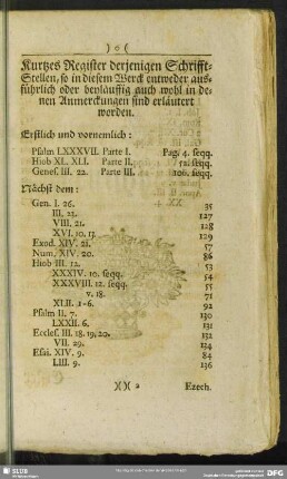 Kurtzes Register derjenigen Schrifft-Stellen, so in diesem Werck entweder ausführlich oder beyläufig auh wohl in denen Anmerckungen erläutert worden