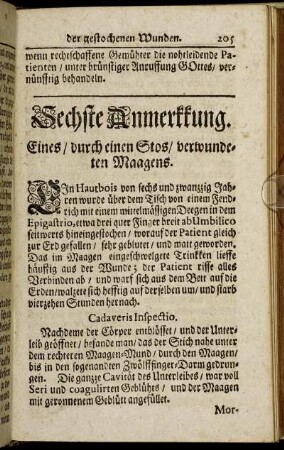 Sechste Anmerkkung. Eines / durch einen Stos / verwundeten Maagens.