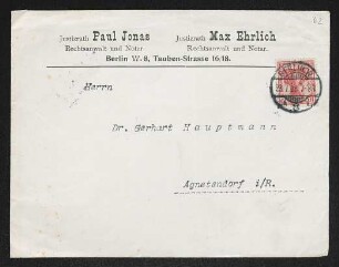 Brief von Paul Jonas und Clara Jonas an Gerhart Hauptmann