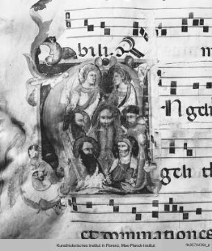 Textseite mit Randseitenbordüre, vierzeiligen Neumen und einer historisierten Initiale (A): Heilige und Engel - Sequentiae et hymni