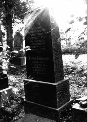 Grabstein 803 (Index: 99802321) Material: Granit, poliert Zustand: sehr gut Maße HxBxT: 180x60x23 cm Beschreibung: getreppter Sockel, obeliskartige Stele Symbolik: Sterne, Davidstern Besonderheit: Endreim: Grabstein 803