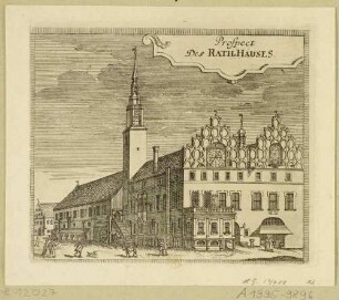 Das Rathaus in Zittau in der Oberlausitz im Zustand vor dem Bombardement durch österreichische Truppen gegen die preußische Besatzung am 23. Juli 1757 während des Siebenjährigen Krieges, aus Montalegres Sechs Stadt Zittau