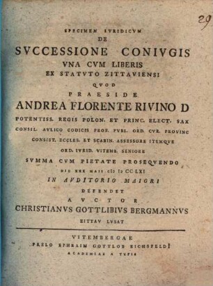 Specimen Ivridicum De Svccessione Conivgis Vna Cvm Liberis, Ex Statuto Zittaviensi
