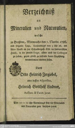 Verzeichniß an Mineralien und Naturalien, welche zu Dreßden, Mittwochs den 1. Novbr. 1786, ...verauctionirt werden sollen