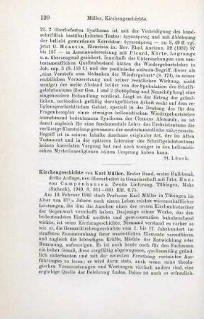 120-121 [Rezension] Müller, Karl Friedrich, Kirchengeschichte; 1. Band, 1. Halbband; 3. Aufl.