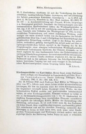 120-121 [Rezension] Müller, Karl Friedrich, Kirchengeschichte; 1. Band, 1. Halbband; 3. Aufl.