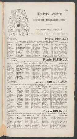 Hipódromo Argentino - Reunión del 2 de Septiembre de 1906 - Programa oficial