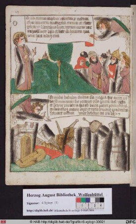Oben: Ein Engel kündigt den Menschen das Gericht Gottes an (Offenb. 14,6). Unten: Ein zweiter Engel weist auf die Zerstörung Babylons (Offenb. 14,8).