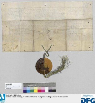 Kaiser Ludwig belehnt Chunrad den Waltstromeyr, Chunrad, dessen Sohn, und des letztgenannten Chunrad Söhne mit dem Forstmeisteramt über des Reiches Forst zu Nürnberg, nach deren Abgang solle das weibliche Geschlecht und nach Aussterben aller Söhne und Töchter des Waldstromerschen Geschlechtes sollen Heinrich Pfintzings Kinder, Söhne und Töchter, zur Nachfolge berufen sein; zugleich erteilt er den Vormündern der Waldstromerschen und Pfintzingschen Kindern, Konrad Groß, Schultheiß zu Nürnberg, Philipp Groß, dessen Bruder, Berchtolt dem Pfintzing, Konrad dem Stromer, Bürgern zu Nürnberg, und Friedrich Ebner, dem Landschreiber, die Mitbelehnung. - Sieger: der Aussteller.